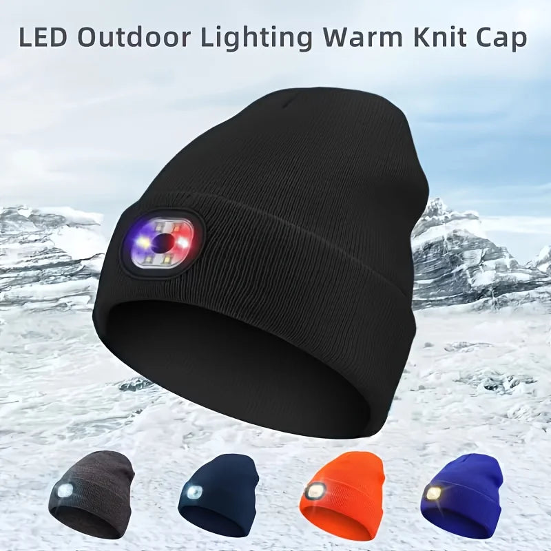 Unisex LED-Lit Knit Beanie USB-Rechargeable 4-Light LED Headlamp Winter Cap with Flashlight Function for Nighttime Activities like Walking Running Cycling Hiking Camping