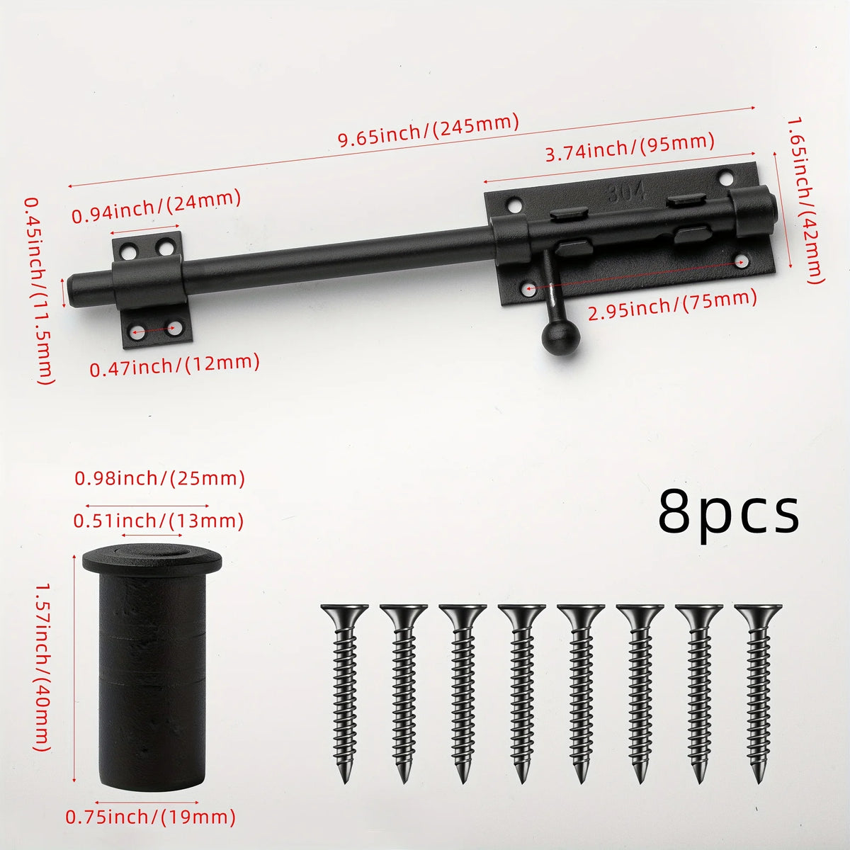 Sliding Bolt Latch Hardware：Cylindrical Bolt Latch，Heavy Solid 304 Stainless Steel，Black Surface，Applicable  Outdoor Latches