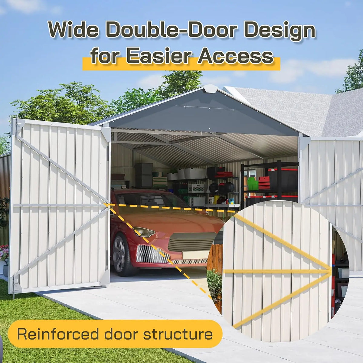 12x20 FT Outdoor Storage Shed, Large Metal Garage Shed, Spacious Vehicle Equipment Storage, Reinforced Double Hinged, Custom