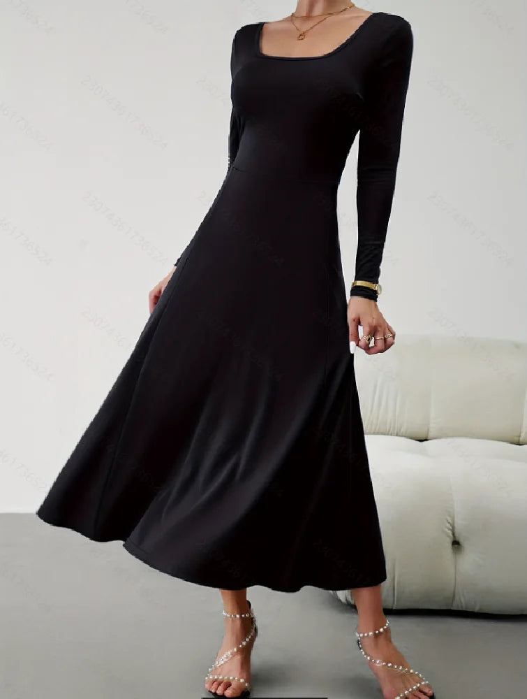 Fashionable Elegant Pure Color Square Neck Slim Long Sleeve Women's Dress Autumn Winter New Style Classy Simple Design