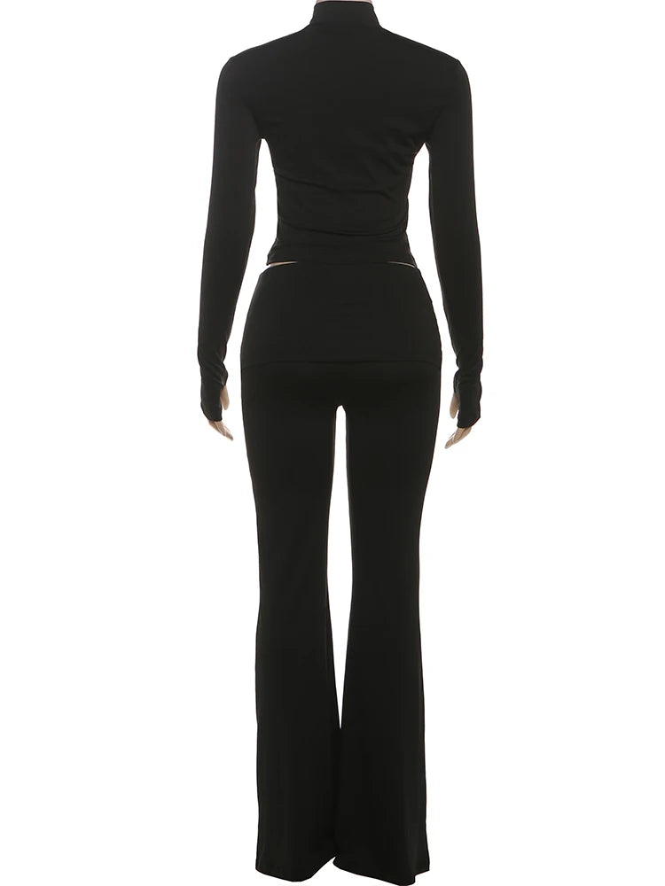 Sisterlinda Sporty Turtleneck 2-Piece Set WomenCasual Single-breasted hidden buttons crop tops+Elastic waist Flared pants suits