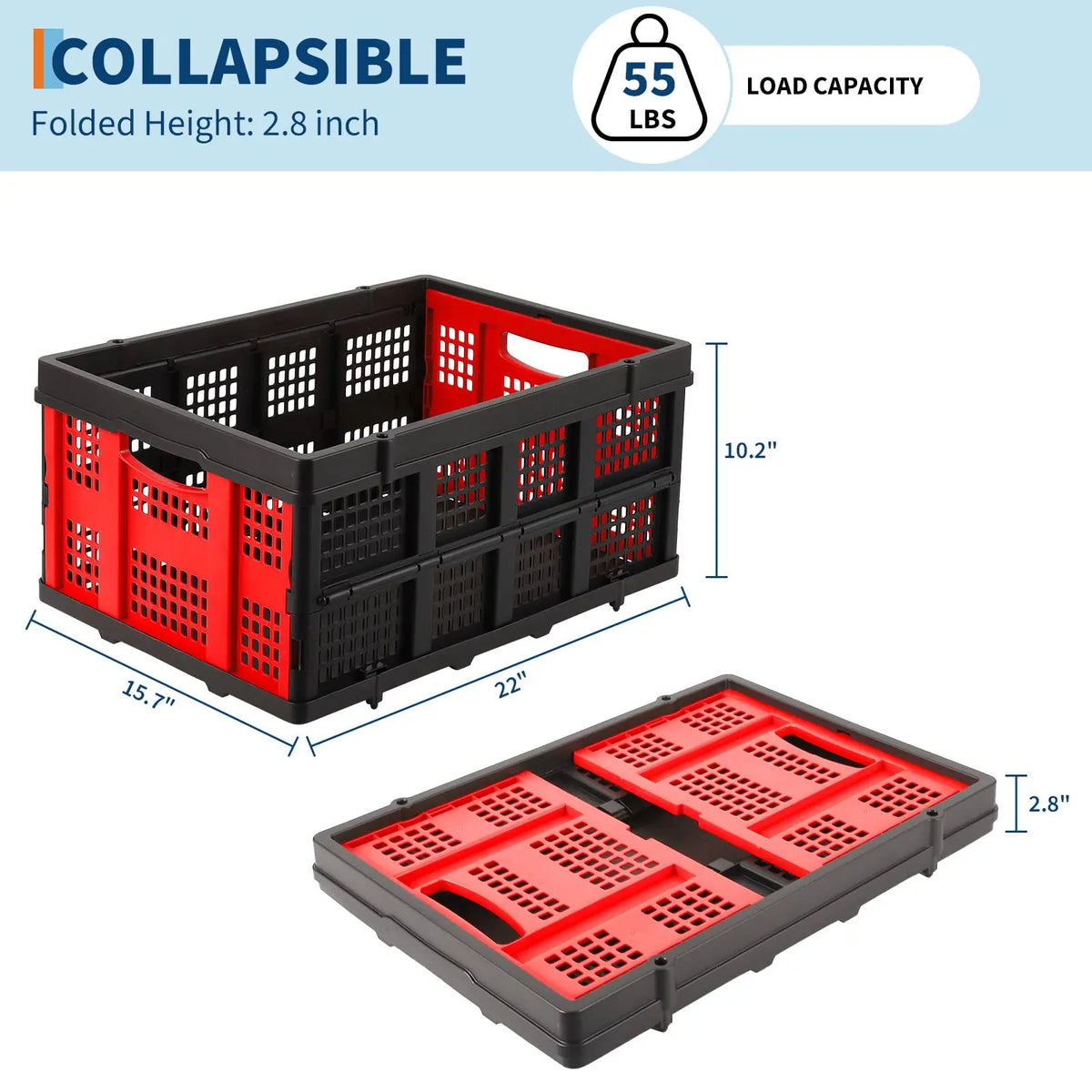 55L Collapsible Plastic Storage Crate, Heavy Duty Stackable Folding Milk Crate With Handles For Car Grocery Moving Camping Garage
