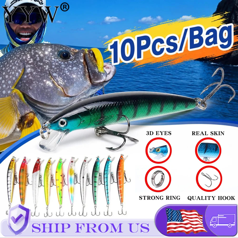 10Pcs/Bag Fishing Lure Kit Soft Bait 10cm/9g Lifelike Minnow Bait With Ringing Beads Floating Plastic Bait Lure Bait Crankbaits with Hooks