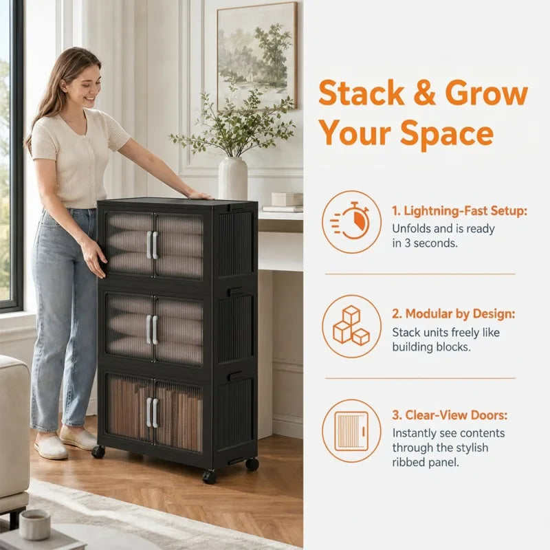 5‑Tier Foldable Plastic Storage Cabinet with Rolling Wheels, Stackable Closet Organizer with Flap Doors, Multifunctional Dust‑Proof Storage Shelf for Bedroom Living‑Room Kitchen