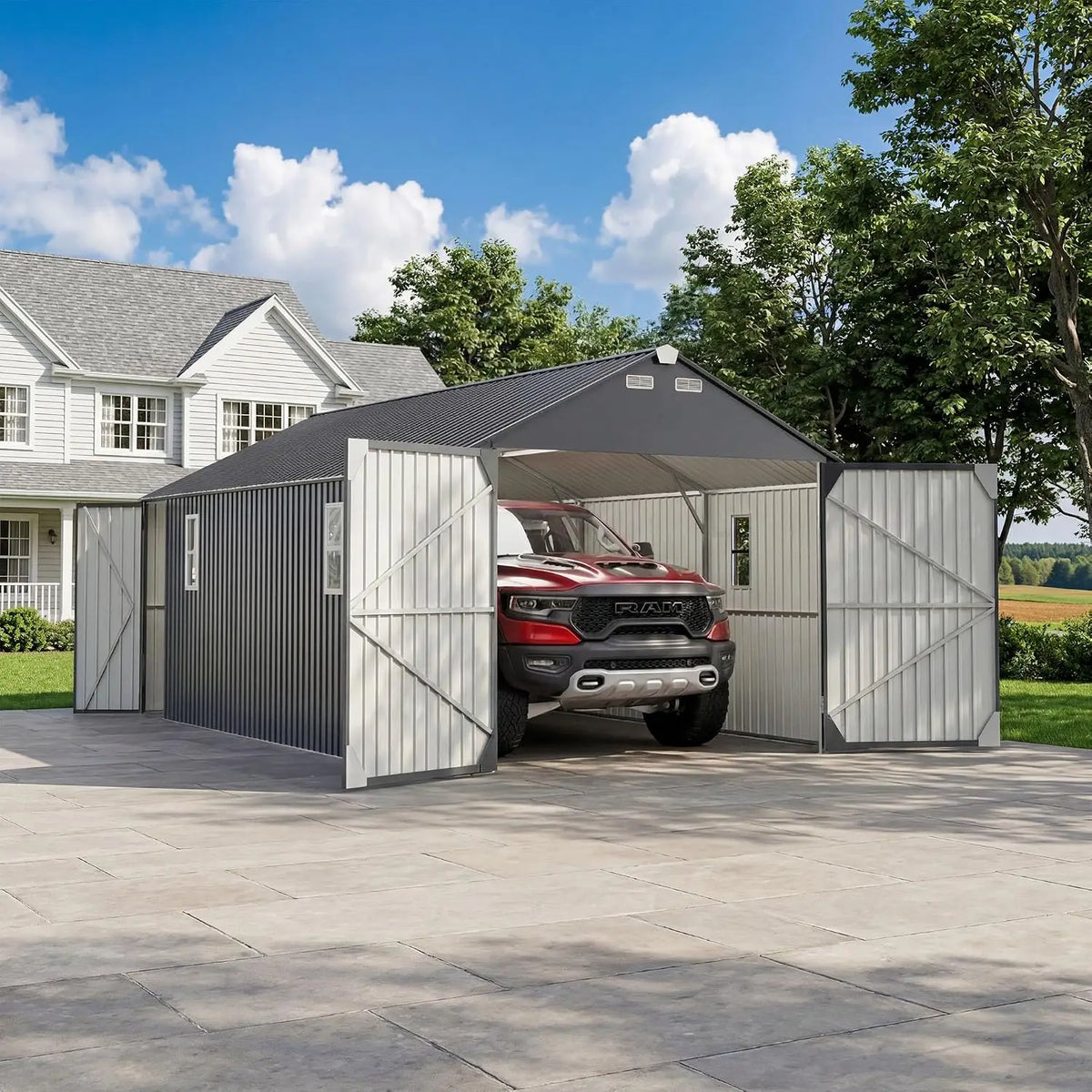 12x20 FT Large Outdoor Metal Storage Shed, Galvanized Steel Utility Shed, Side Windows & Roof Vents, Weatherproof, Custom