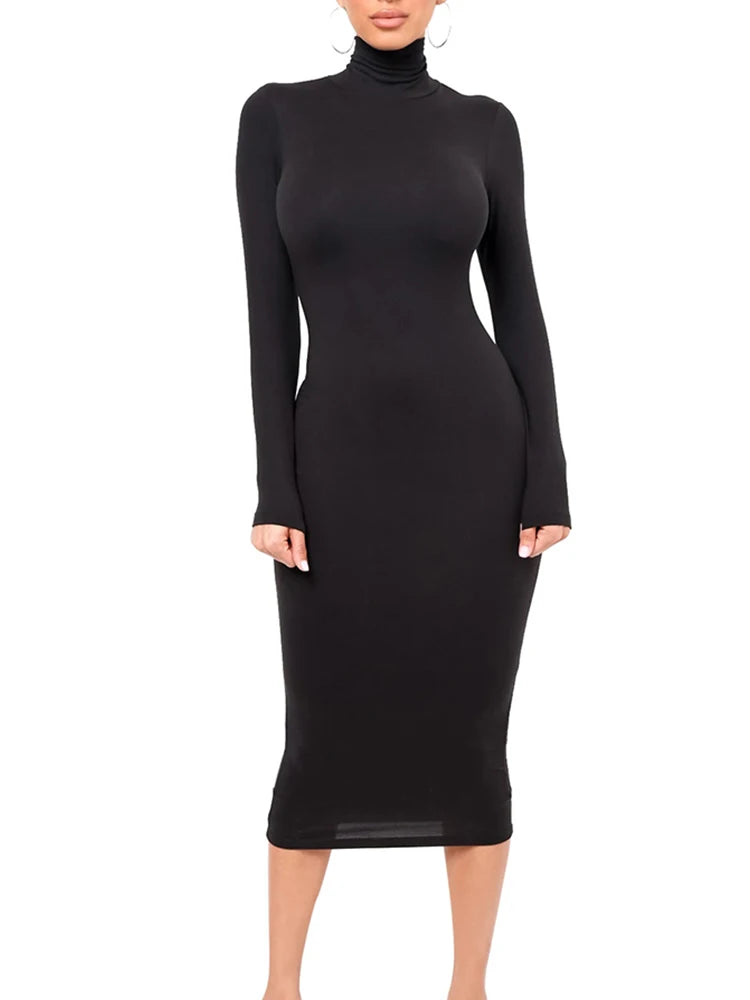 Winter Black Turtleneck Sexy Women Dress Autumn Long Sleeve Skinny Midi Boydcon Casual Blue Plush Knee-Length Party