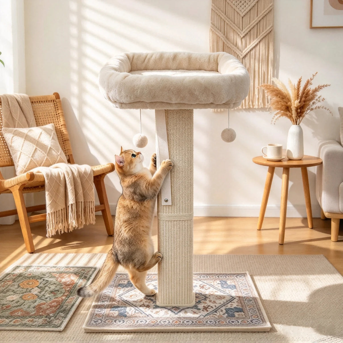 Heavy Duty Cat Scratcher Scratching Post Large Plush Top Cat Bed Perch Sisal Wrapped Cat Tree with Dangling Ball Interactive Toys for Indoor Cats