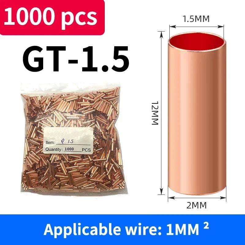1000Pcs GT Copper Connecting Pipe Wire Joint Connector φ1.5/2/2.5/3/4/5/6/7/8/10mm Cold Crimping Terminal Red Copper And Pliers