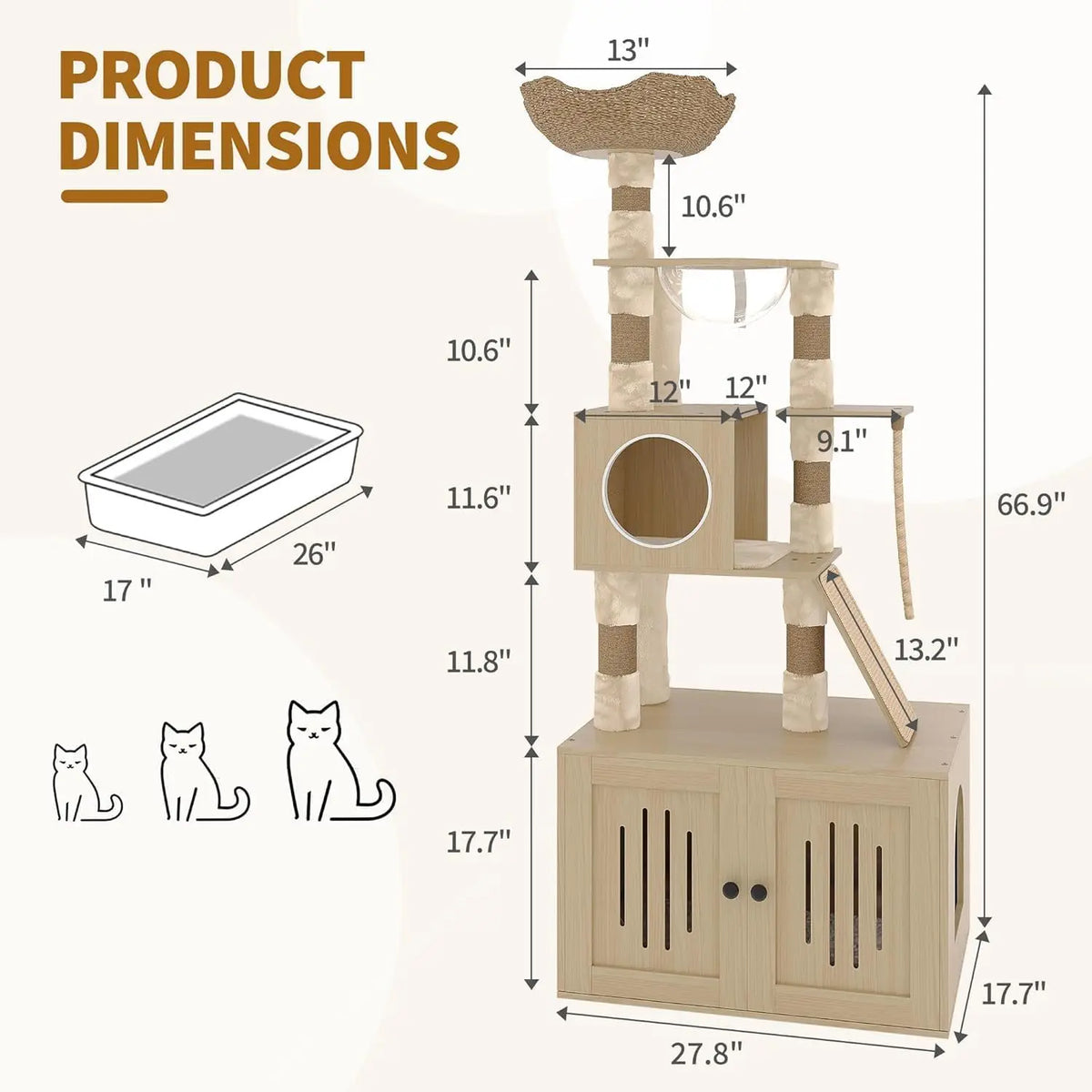 66.9-Inch Tall Cat Tree with Litter Box Enclosure, Cat Condo, Multi-Level Perches & Scratching Posts for Cats