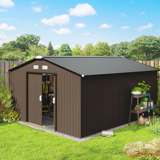13' x 11' Steel Outdoor Utility Storage Tool Shed for Backyard Garden, Brown