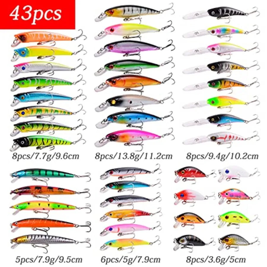 Fishing Lures Kit Mixed Including Minnow Popper Crank Baits with Hooks for Saltwater Freshwater Trout Bass Salmon Fishing