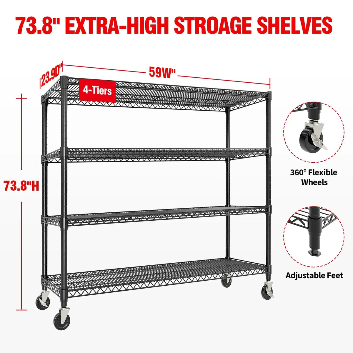 Heavy-Duty Rolling Metal Shelving for Real Storage with Wheels Storage Shelves Metal Shelving Units 5 Tier 2640 lb Capacity
