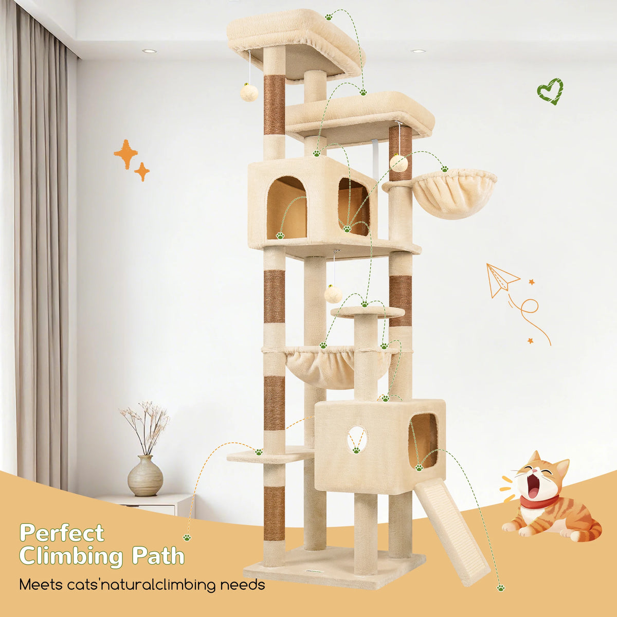 Globlazer 80" Large Cat Tree Tower for Indoor Cats, Multi-Level Cat Climbing Activity Center with 2 Condos, 2 Hammocks, 3 Perches, Sisal Scratching Posts for 2-3 Medium Large Cats
