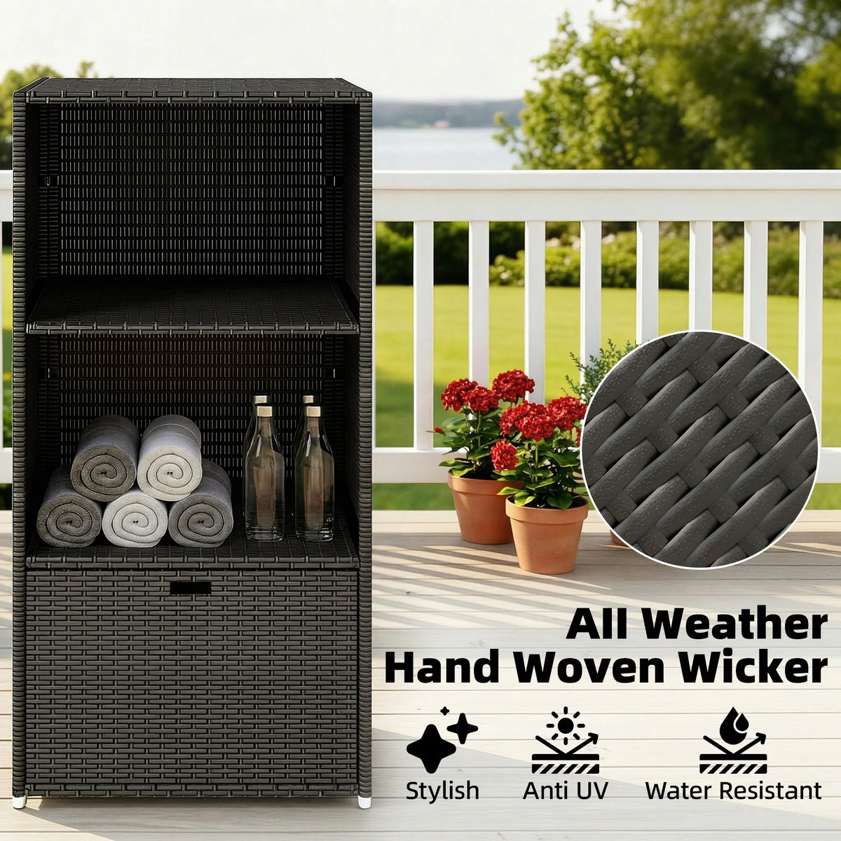 Outsunny PE Rattan Pool Towel Rack Basket with 2 Storage Shelves for Outdoor Garden Beach House
