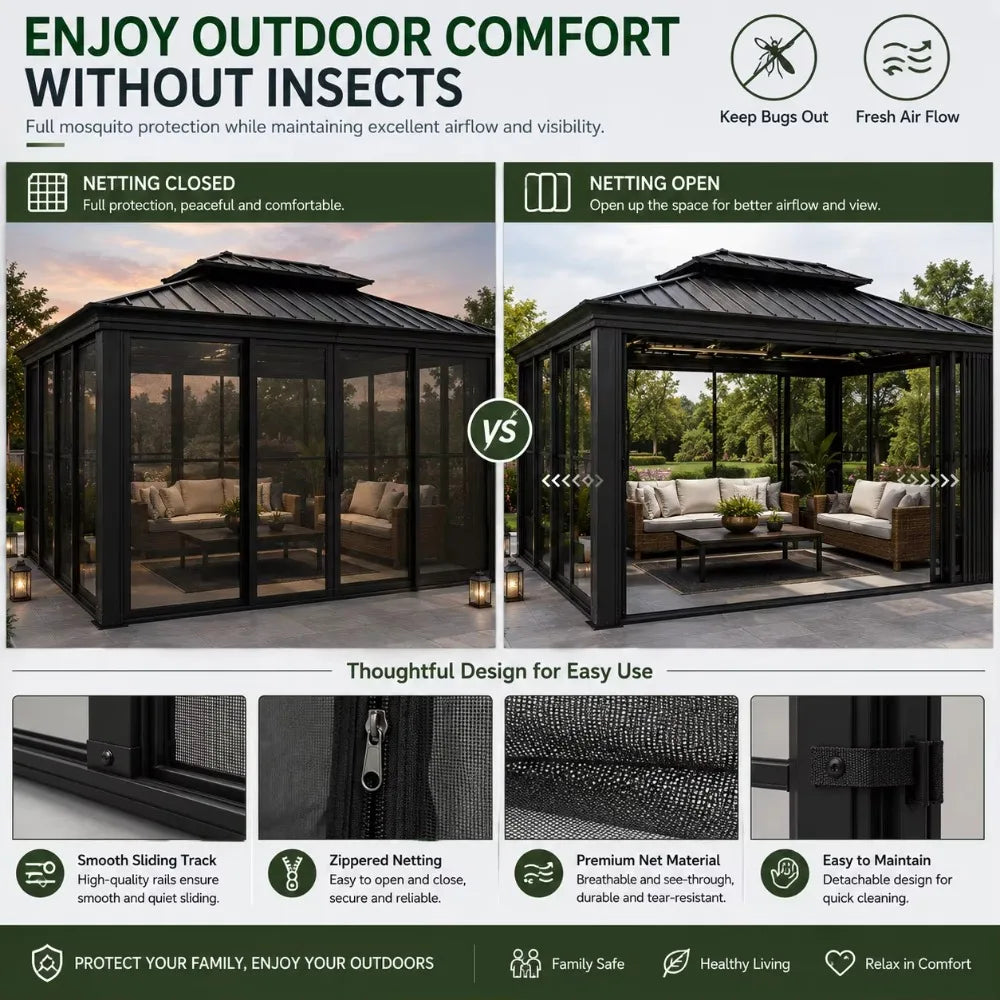 12x16 FT Heavy Duty Aluminum Patio Gazebo, Waterproof Windproof Canopy With Ventilated Sliding Doors Drainage System