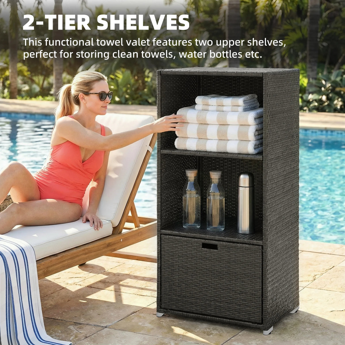 Outsunny PE Rattan Pool Towel Rack Basket with 2 Storage Shelves for Outdoor Garden Beach House