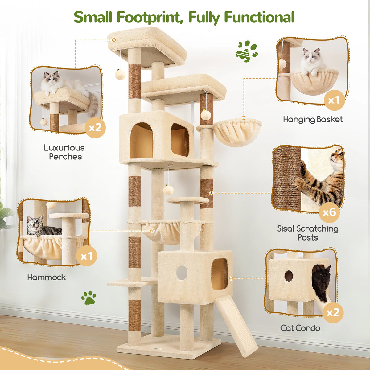 Globlazer 80" Large Cat Tree Tower for Indoor Cats, Multi-Level Cat Climbing Activity Center with 2 Condos, 2 Hammocks, 3 Perches, Sisal Scratching Posts for 2-3 Medium Large Cats