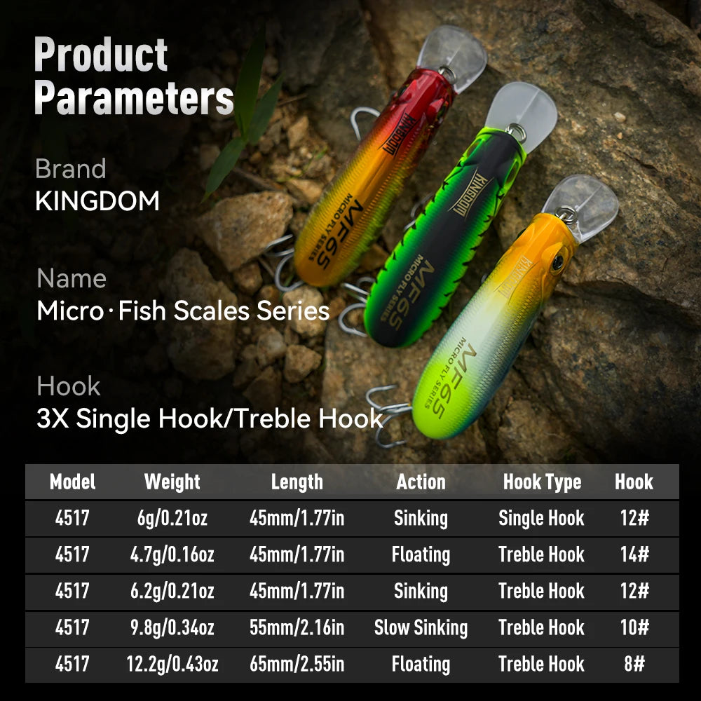 KINGDOM 3PCS Micro-Fish Scales Series Crankbait Lures, Mini Fishing Lure 55mm/65mm Lightweight Hard Bait with Realistic Scale Pattern, Floating Slow Sinking Minnow Baits for Bass Trout Freshwater Fishing