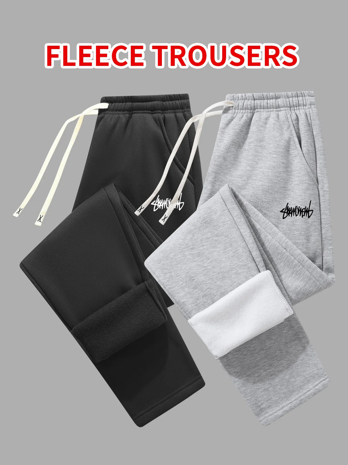 2-Pack Men's Casual Solid Color Printed Fleece-Lined Thickened Sweatpants Winter Straight Leg Pants with Drawstring, Warm Fleece-ined Casual Pants