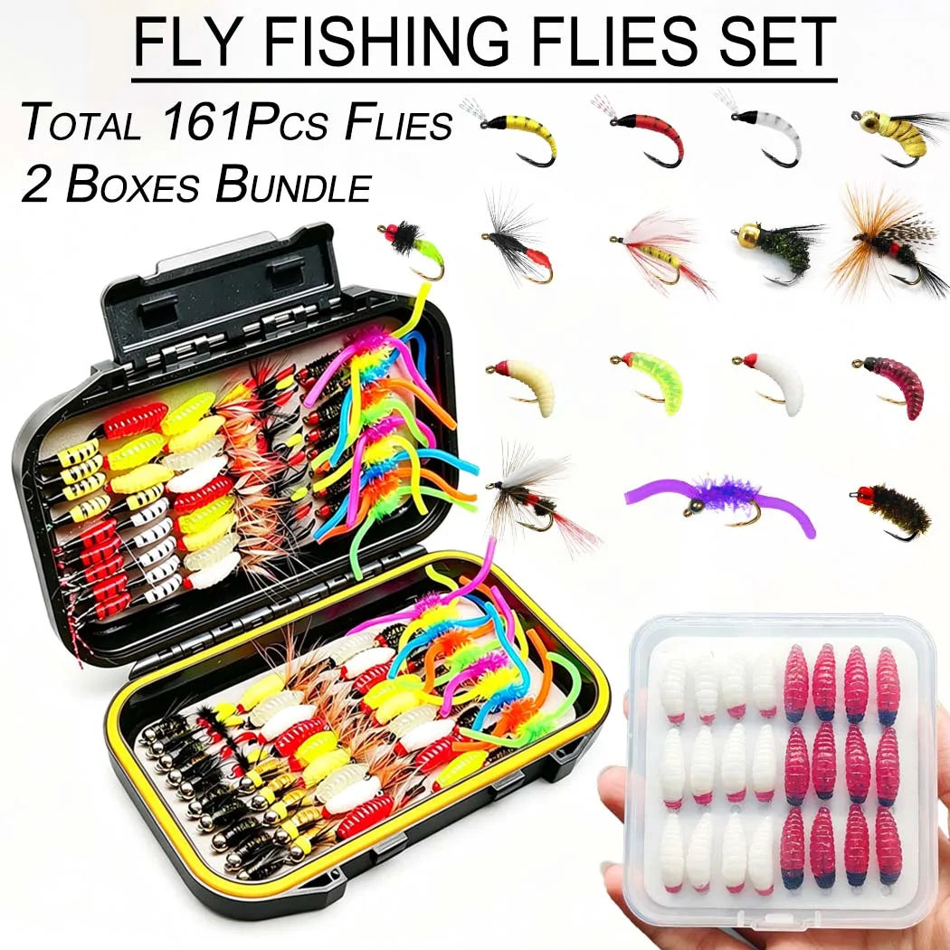 Fly Fishing Flies Total:161Pcs(2 Boxes) Fly Fishing Bait Dry/Wet Fly Nymph Fly Fishing Lure Fly Box for Trout Salmon -Fly Fishing Kit