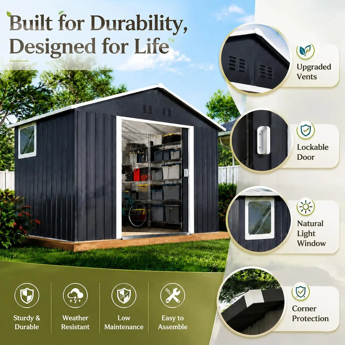 9x6.5 FT Outdoor Storage Shed, Metal Tool Shed with Windows & Secure Lockable Doors, Ideal Storage Garden Shed for, Custom