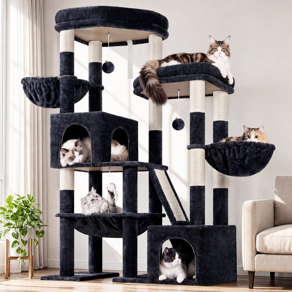 Globlazer 59" Multi-Level Cat Tower for 2-3 Cats, Large Cat Tree with 2 Condos, 3 Hammocks & Sisal Scratching Posts, Sturdy Indoor Cat Condo