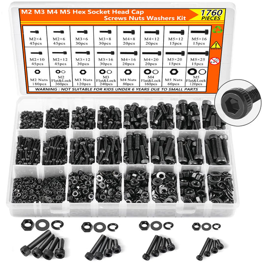 1760PCS Metric Screw Assortment Kit (M2/M3/M4/M5) - Grade 12.9 Alloy Steel Hex Socket Head Cap Bolts & Nuts, Black