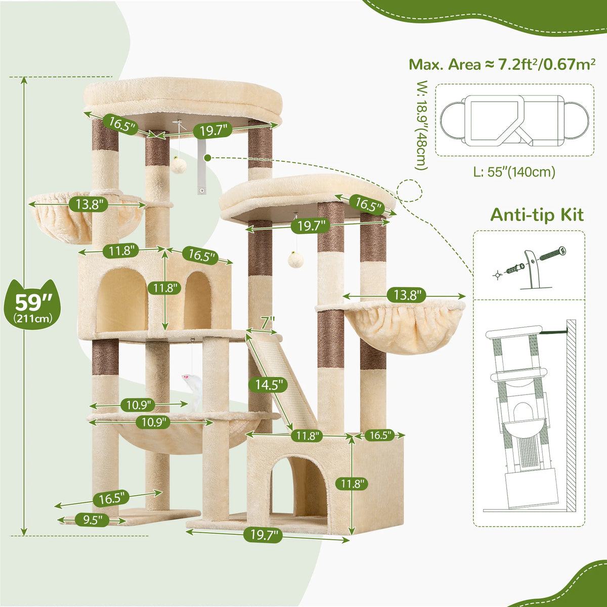 Globlazer 59" Multi-Level Cat Tower for 2-3 Cats, Large Cat Tree with 2 Condos, 3 Hammocks & Sisal Scratching Posts, Sturdy Indoor Cat Condo