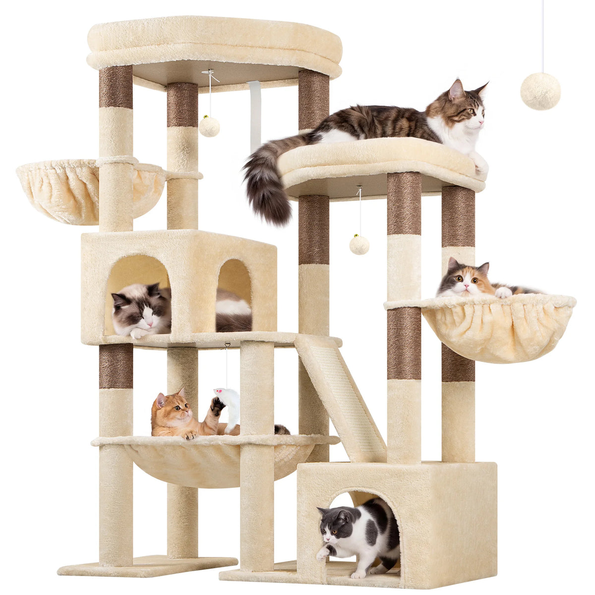 Globlazer 59" Multi-Level Cat Tower for 2-3 Cats, Large Cat Tree with 2 Condos, 3 Hammocks & Sisal Scratching Posts, Sturdy Indoor Cat Condo