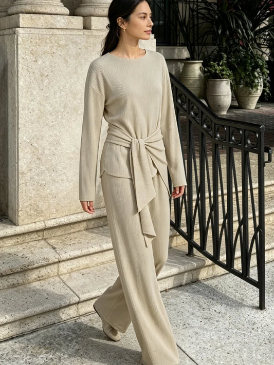 Women Loungewear Set 2 Piece Outfit Round Neck Long Sleeve Waist Tie Wrap Top Wide Leg Pants Ribbed Knit Casual Daily Streetwear