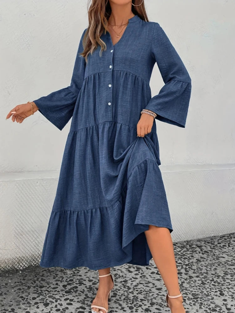 Simple V-neck Long Dress Button Solid Color Loose Long Dress Lady Trendy Elegant Long Skirt Trend Clothes For Lady High Street