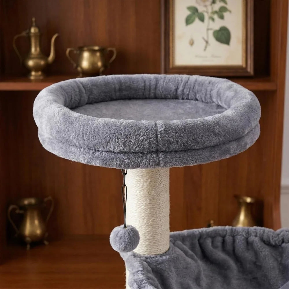 Multi Level Cat Tree Tower with Large Hammock Self Grooming Brush Scratch Ladder and Posts for Indoor Climbing Activity
