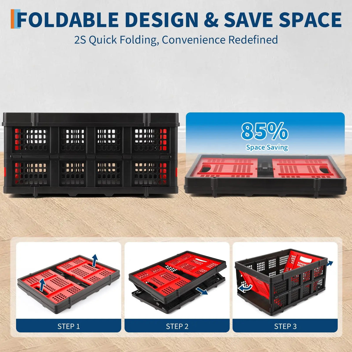 55L Collapsible Plastic Storage Crate, Heavy Duty Stackable Folding Milk Crate With Handles For Car Grocery Moving Camping Garage
