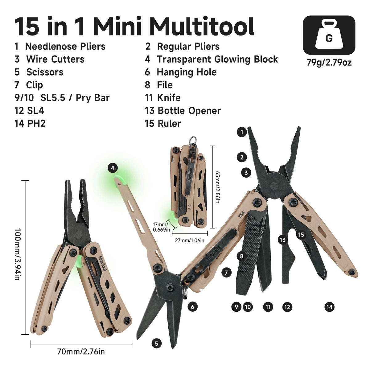 Nextool Mini Flagship F12  15 In 1 Multitool Plier With Wire Cutters Scissors Clip Bottle Opener File Ruler Outdoor Camping Tool