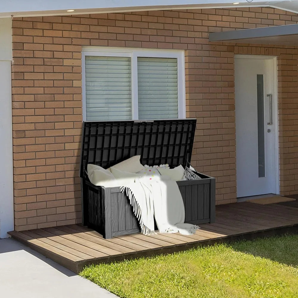 150 Gal Resin Deck Box Outdoor Storage Patio Cushions Garden Tools Black Hydraulic Pistons Weatherproof