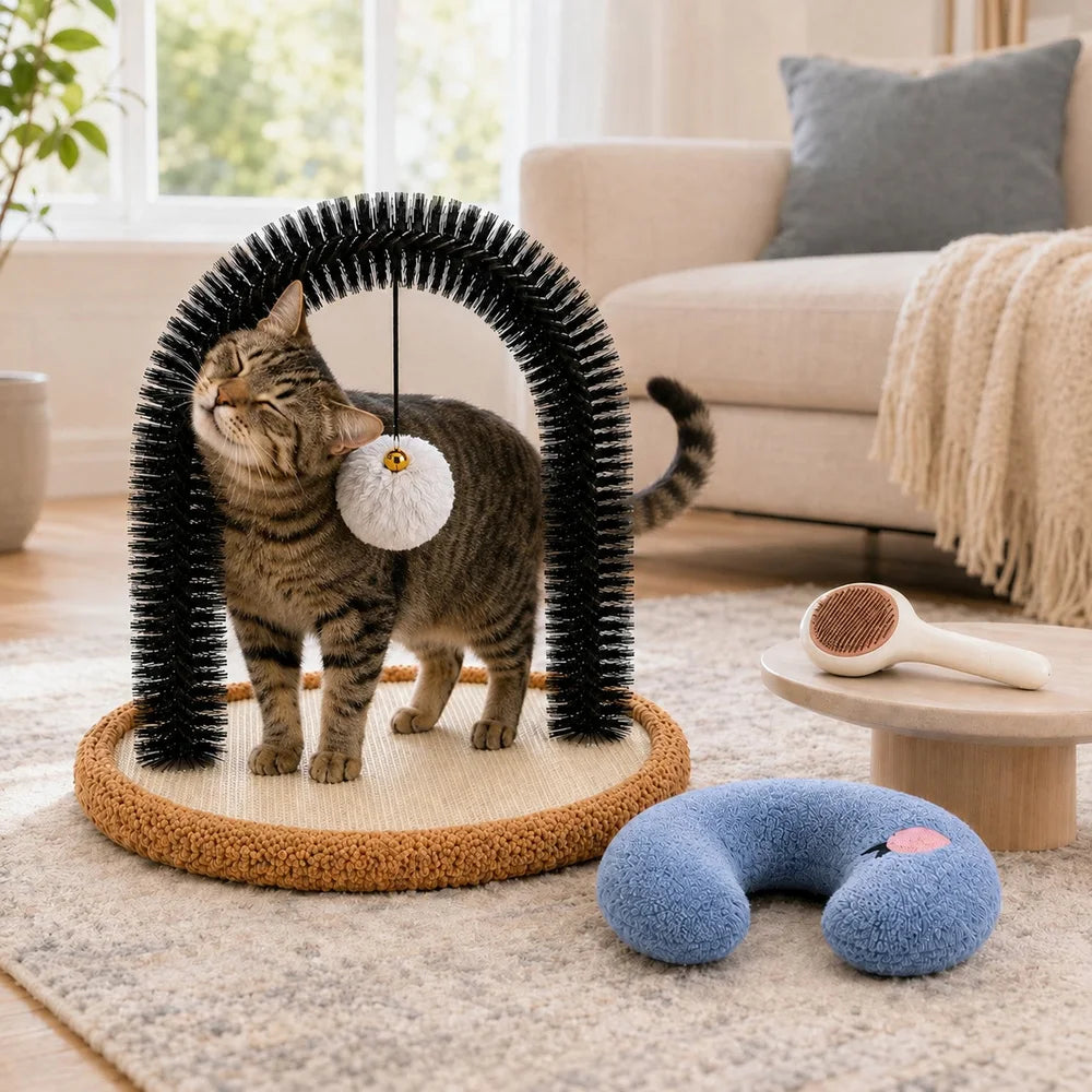 Zoe Cat Self Groomer Arch With Reversible Sisal Scratching Base Hanging Ball Grooming Brush And Plush Cat Pillow Indoor Cat Rubbing Scratching Grooming Play And Rest Station
