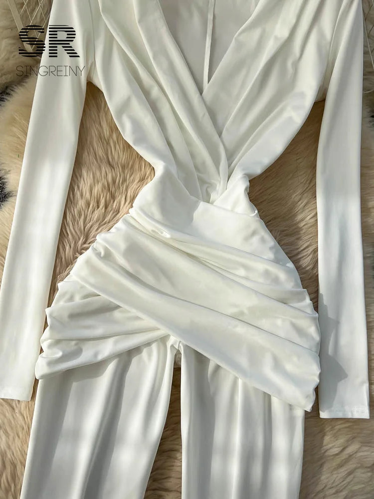 SINGREINY Minimalist Office Lady Jumpsuits Women Deep V Neck Slim Pleated High Waist American Fashion Glamorous Wide Leg Rompers