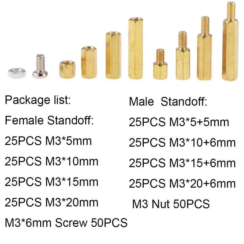 300pcs Brass Standoff Spacer Male Female M3 Thread Pillar Long 6mm with PCB Motherboard Screws Hex Nuts Assortment Kit