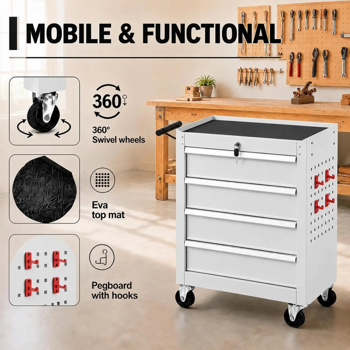 Tacleekii 24 in Rolling Tool Chest with Wheels 4-Drawer Lockable Tool Box Storage Cabinet - Locking System Drawer Liners Mobile Tool Cart for Garage Workshop