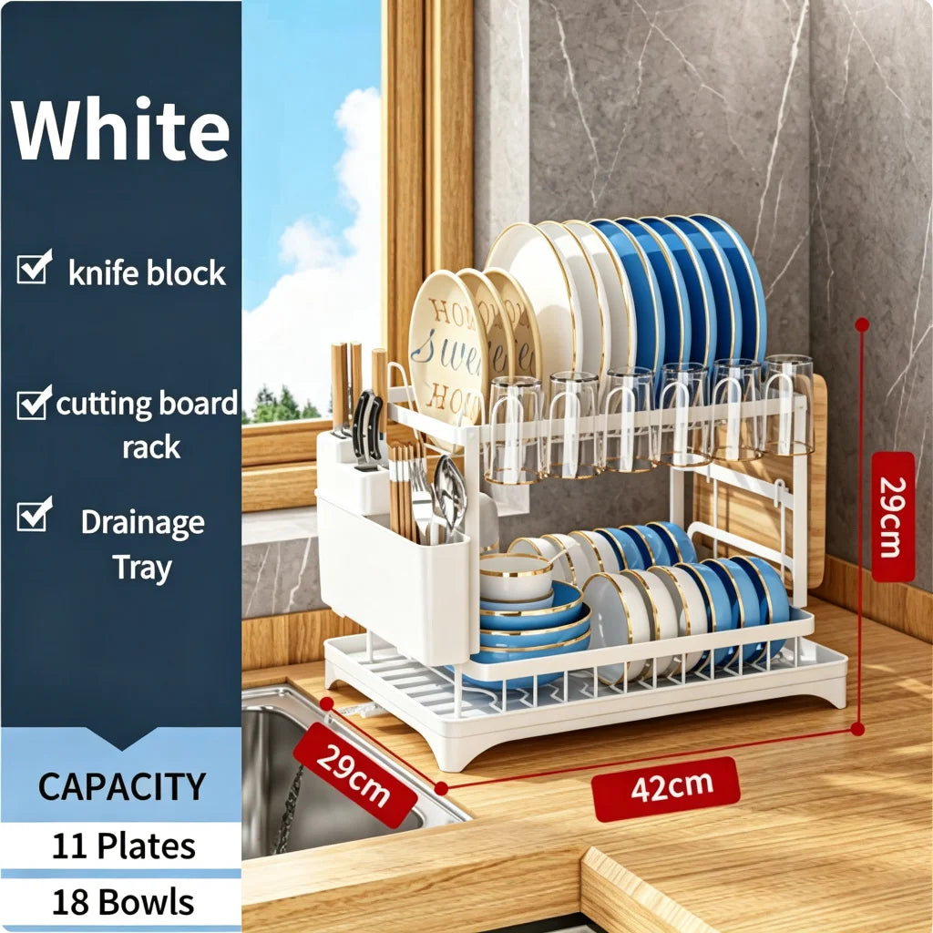 Double‑Layer Large‑Capacity Dish Drain Rack with Water Guide Plate Kitchen Countertop Bowl Cup Tableware Storage Organizer