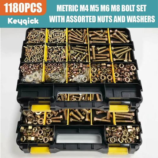 1180pcs Bolt And Nut Assortment, Sizes Include 1/4-20, 5/16-18, 3/8-16, Heavy-duty SAE Hex Bolt, Nut, And Washer Assortment, Alloy Steel Hardware Kit with Durable Storage Case, Suitable for Home DIY And Industrial Workshops