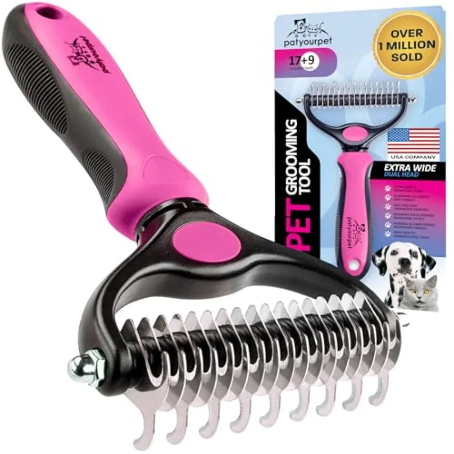 Deshedding dog brush for indoor cats and dogs double-sided, skin-friendly tool in gray, stainless steel and silicone, gentle on