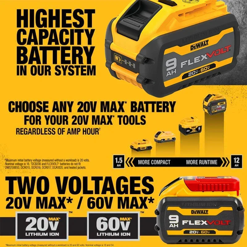 Authentic Dewalt Battery DCB609 60V/20V Max 9.0Ah Li-Ion FlexVolt Battery, High Power 180Wh Rechargeable Li-Ion 18V/54V Battery
