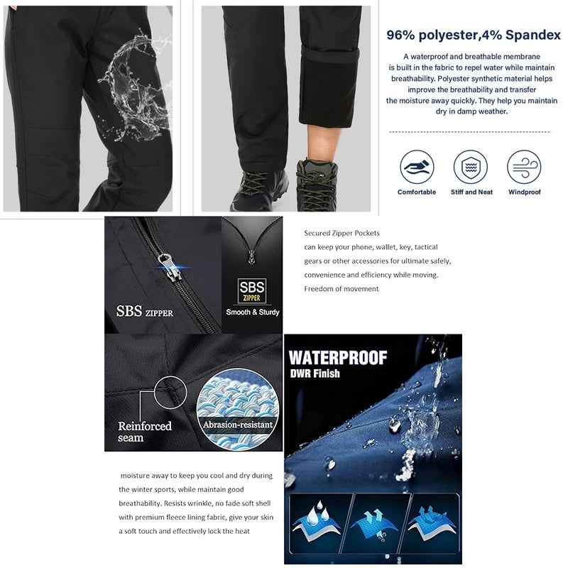 TRVLWEGO Winter Men Camping Hiking Pants Tactic Travel Soft Shell Warm Waterproof Fleece Windproof Outdoor Trekking Trousers