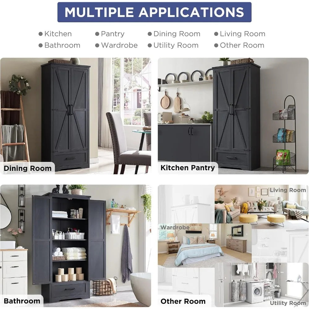 Farmhouse Pantry Cabinet 72in Tall Wood Storage with 2 Barn Doors, Adjustable Shelves & Drawer