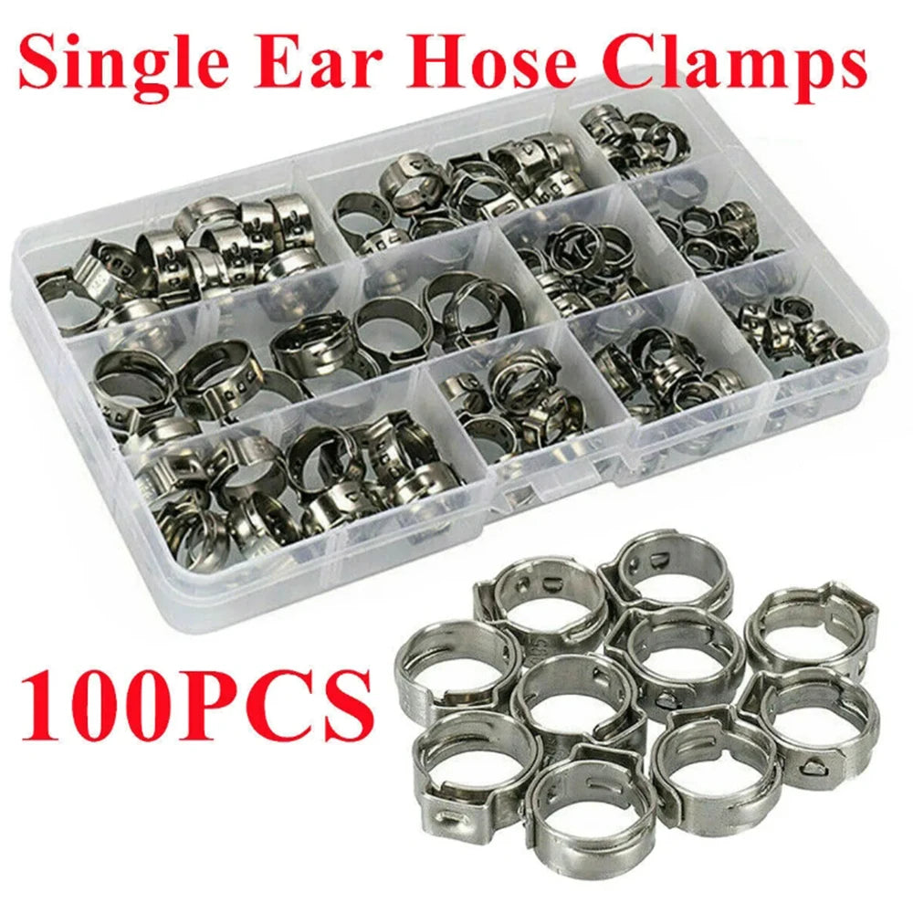 100pcs Single Ear Hose Clamps (5.3-15.3mm) 304 Stainless Steel O Fuel Pipe Clip Hose Set for Auto/Home Appliance/Pipe/Fuel Line