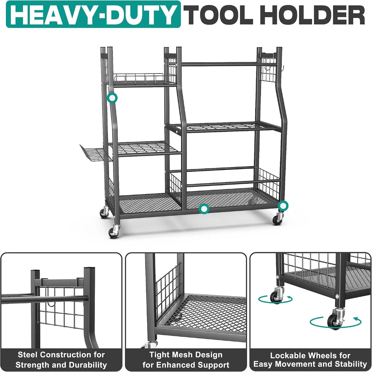 Garden Tool Organizer Stand, Garage Tool Storage Organization | Yard Tool Racks with lockable wheels, Fit for Long-Handled Tools/Rakes/Brooms