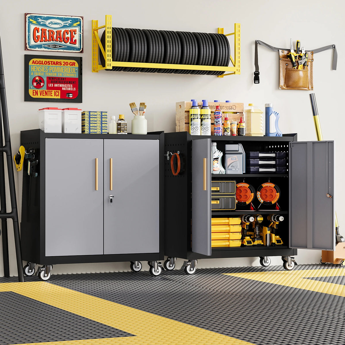 Mobile metal storage cabinet with wheels,34”h cabinet with locking doors and 2 adjustable shelves for home office Warehouse,black gray