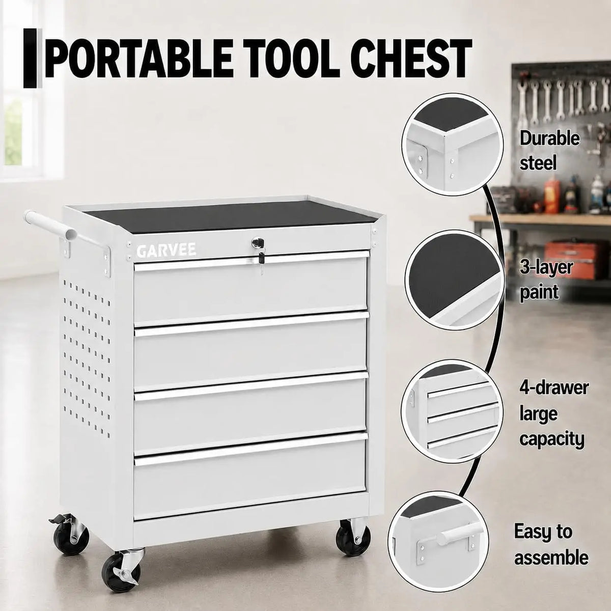 Tacleekii 24 in Rolling Tool Chest with Wheels 4-Drawer Lockable Tool Box Storage Cabinet - Locking System Drawer Liners Mobile Tool Cart for Garage Workshop