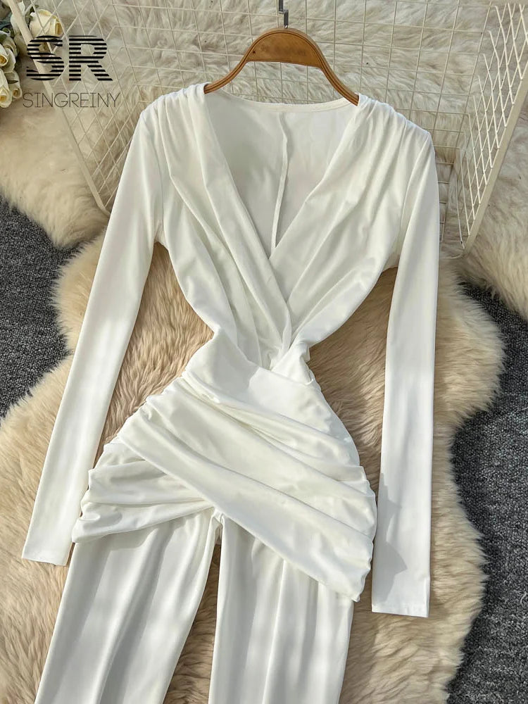 SINGREINY Minimalist Office Lady Jumpsuits Women Deep V Neck Slim Pleated High Waist American Fashion Glamorous Wide Leg Rompers